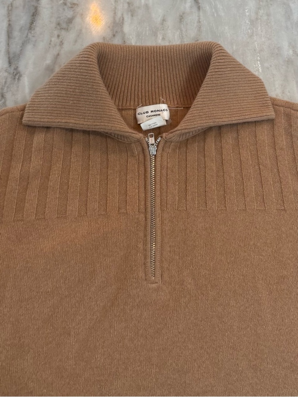$348 NEW Club Monaco Medium Cashmere Sweater With Yoke Rib Quarter Zip Latte S - Picture 5 of 7